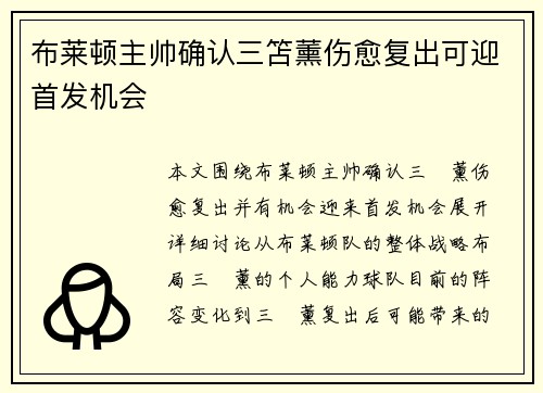 布莱顿主帅确认三笘薰伤愈复出可迎首发机会