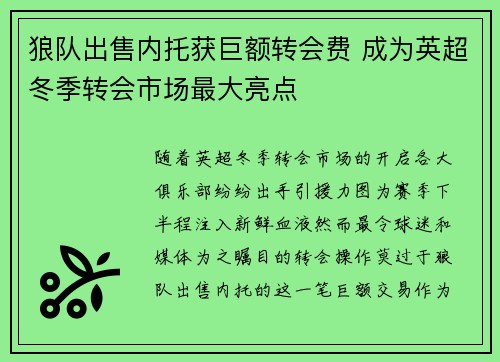 狼队出售内托获巨额转会费 成为英超冬季转会市场最大亮点