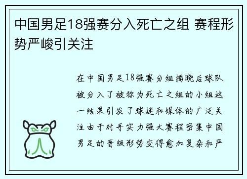 中国男足18强赛分入死亡之组 赛程形势严峻引关注 中国男足18强赛分入死亡之组 赛程形势严峻引关注
